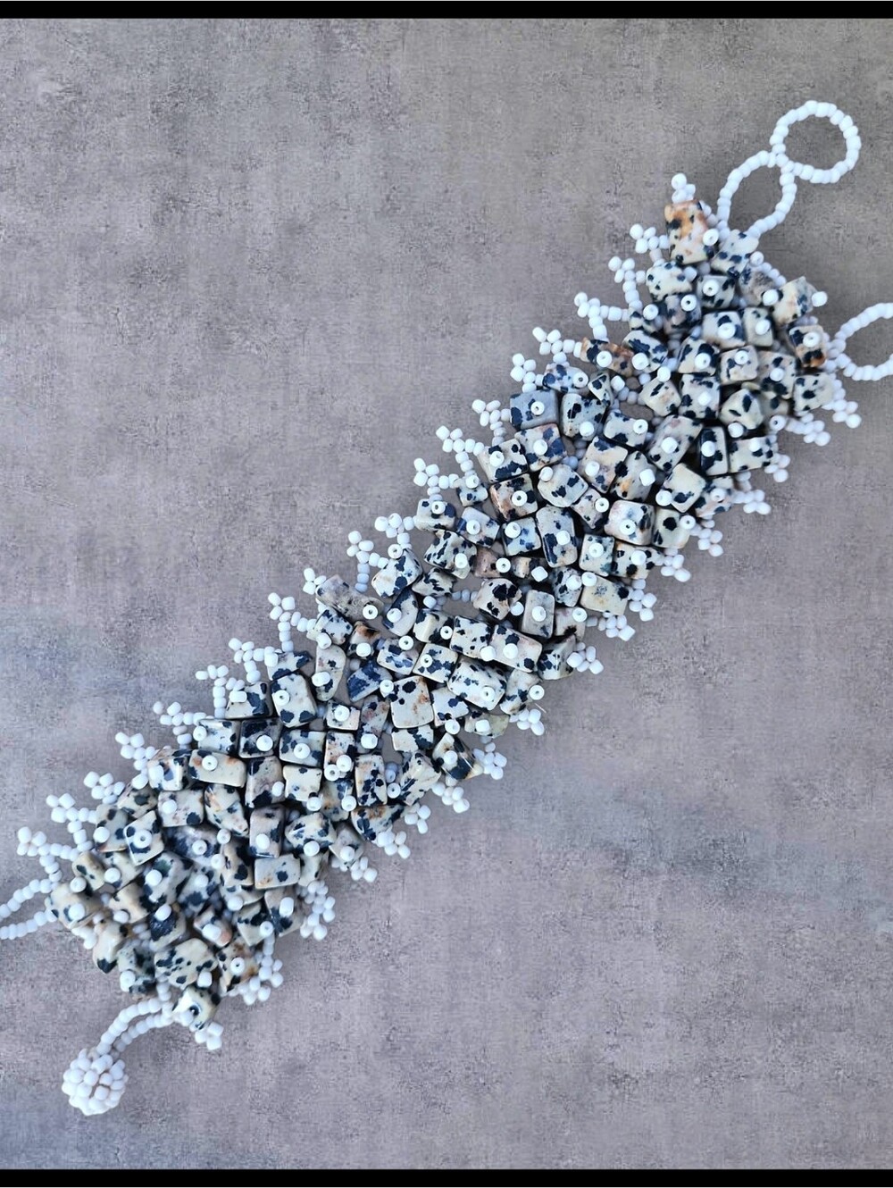 Dalmatian Jasper Polished Rock Woven Lattice Seed Bead Stretch Cuff Bracelet